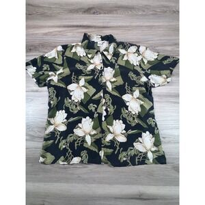Anna and Frank Silk Floral Button Up‎ Blouse Top Women L White Flowers Black